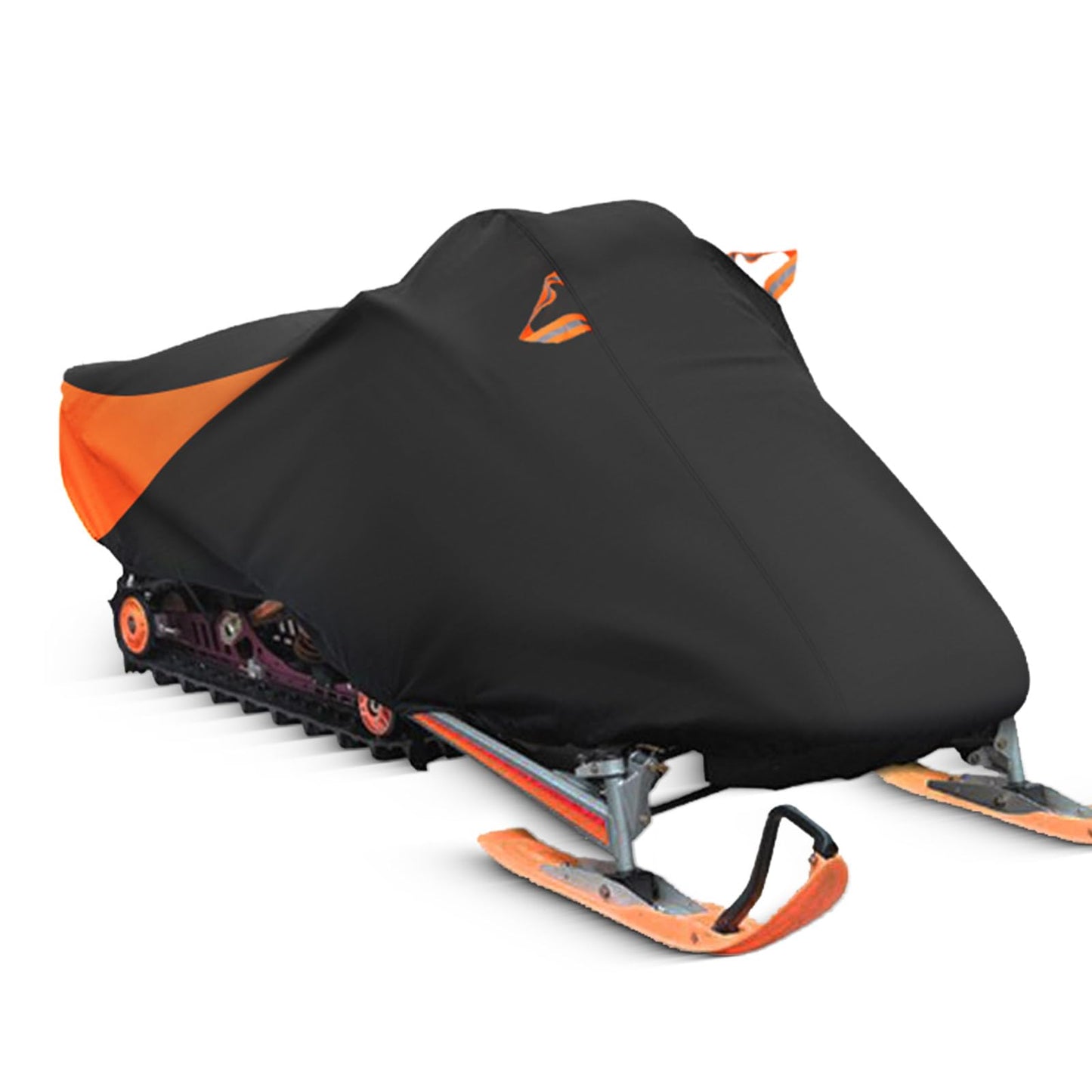 AUTOLION Waterproof Snowmobile Cover, Compatible with Polaris Ski Doo Arctic Cat Yamaha, Windproof Snowshield Cover with Windproof Buckles (130''L × 51''W × 48''H) Black and Orange