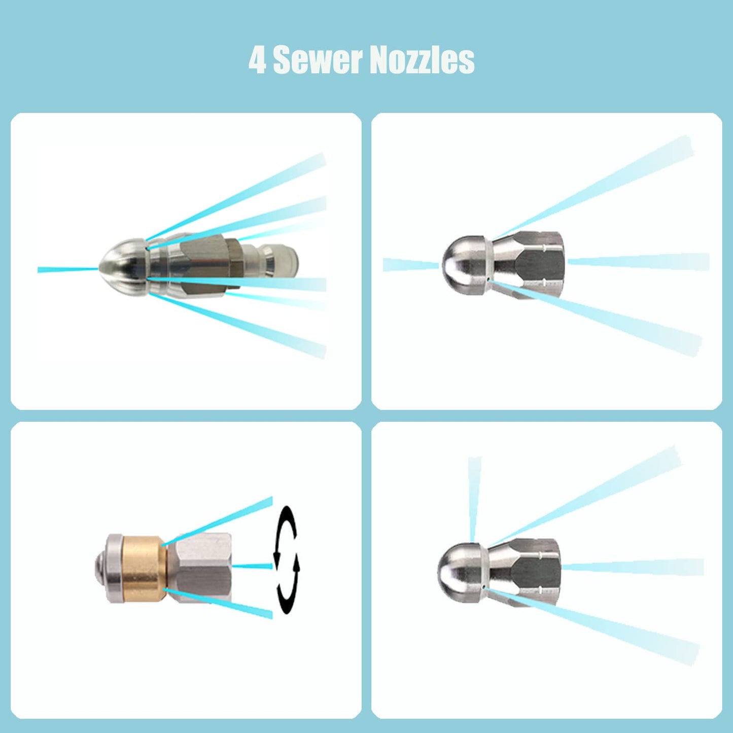 CREEXEON Sewer Jetter Kit for Pressure Washer, 100Ft Pressure Washer Hose,4 Pcs Sewer Jetter Nozzles, 2 Pieces M22-14mm 15mm Brass Thread, Spanners &Pearl Corsage Pin,1/4 Inch M-NPT