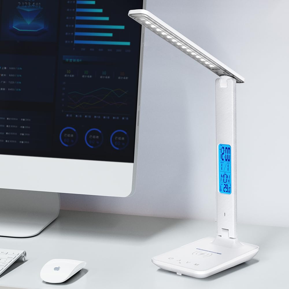 wanjiaone Multifunctional LED Desk Lamp with Wireless Charger,USB Charging Port,Clock,Phone Holder,Desk Lamps for Home Office,Eye-Caring Reading Lamp,Study Lamp for Boys,Girls,Teens (White-tx26)