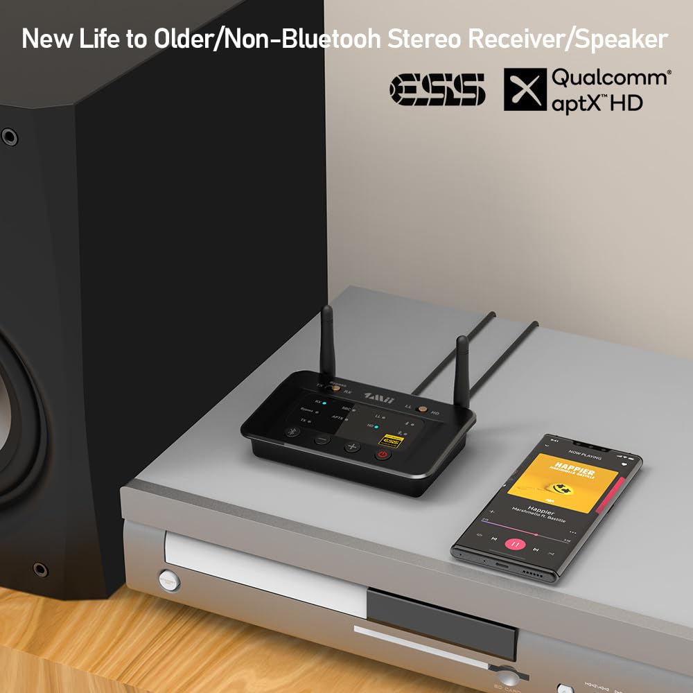 1Mii B03Pro Bluetooth 5.3 Transmitter Receiver for Home Stereo TV, HiFi Wireless Audio Adapter with Audiophile ESS DAC & aptX Adaptive & LL & HD Long Range, Optical RCA AUX 3.5mm Outputs/Inputs