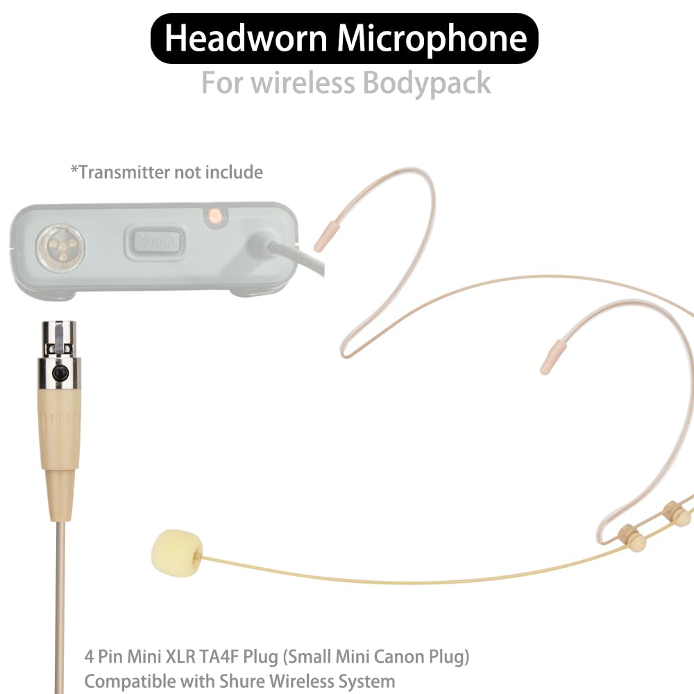YXG Headworn Earset Over Ear Hanging Mic Low Profile Light-Weight Microphone Compatible with Shure Wireless System Bodypack Transmitter with 1.45m Cable Mini XLR 4 Pin TA4F Plug(Skin Tone), Beige MIC