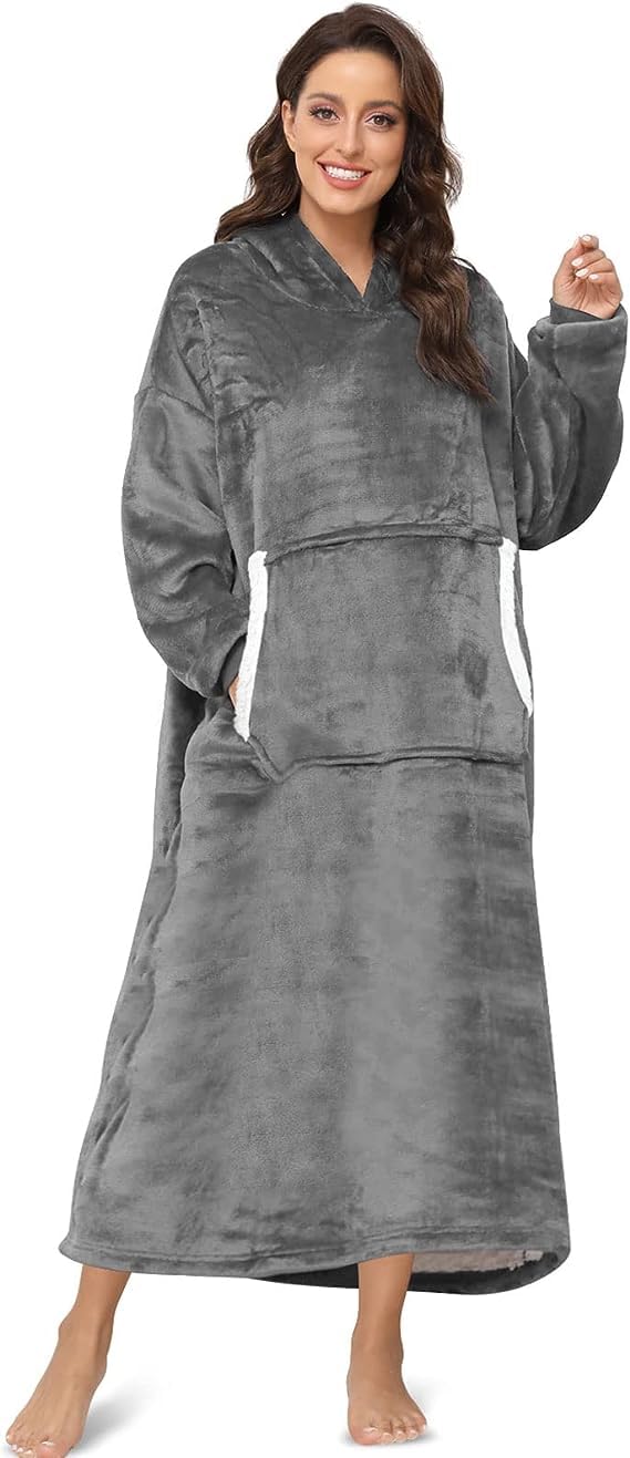 Lostrain Blanket Hoodie, Oversized Sherpa Wearable Super Soft Warm Cozy with Giant Hoody Plush Fleece Big Pocket Fit for Adults Men Women Teens One Size Indoor Outdoor-LongGrey