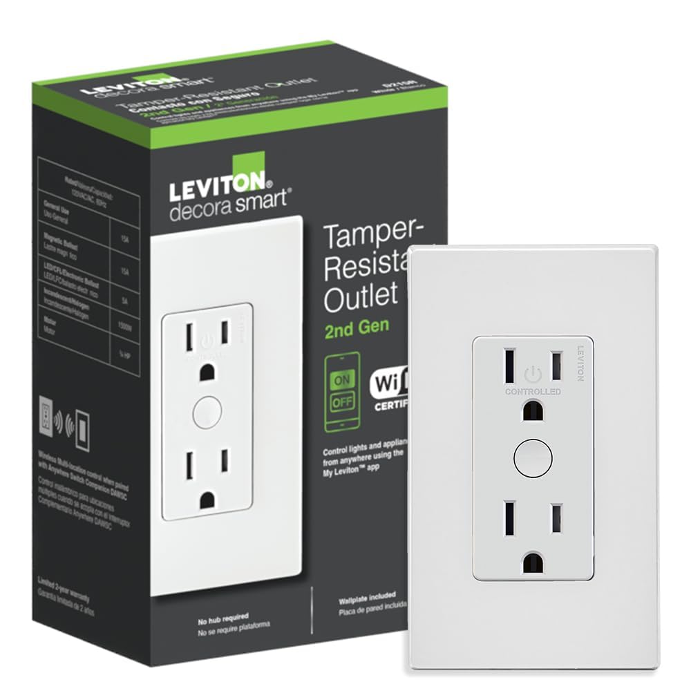 Leviton Decora Smart Outlet, Tamper-Resistant 15A, Wi-Fi 2nd Gen, D215R-1RW, White