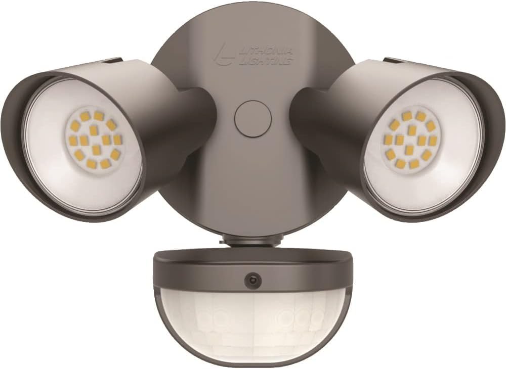 Lithonia Lighting HomeGuard 2-Light LED Outdoor Flood Lights, Motion Sensor Outdoor Lights with Dusk to Dawn, 4000K Cool White, Round Heads, Dark Bronze (HGX LED 2RH 40K 120 MO DDB M2)