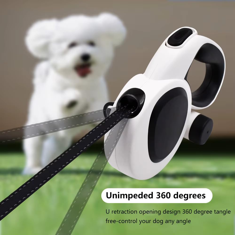 BKINDTOPET 4-in-1 Retractable Dog Leash 16ft with LED Light, Poop Bag Dispenser & Bags – Heavy Duty, Tangle-Free Leash for Small & Medium Dogs up to 66lbs, One-Button Brake & Anti-Slip Handle (M)