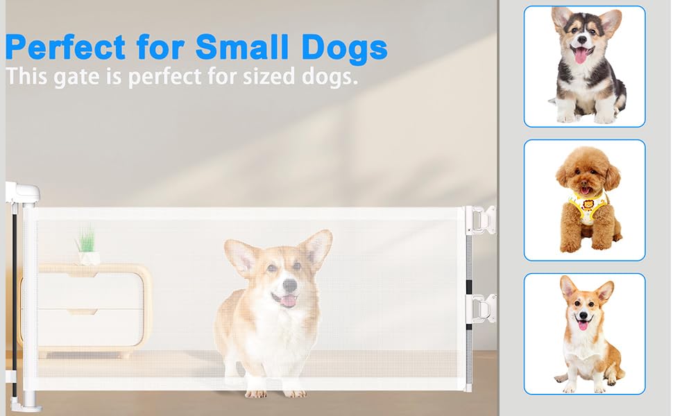 14" H Short Dog Gate - 59" Wide Retractable Mesh Pet Fence, Puppy Gate for Doorways & Stairs