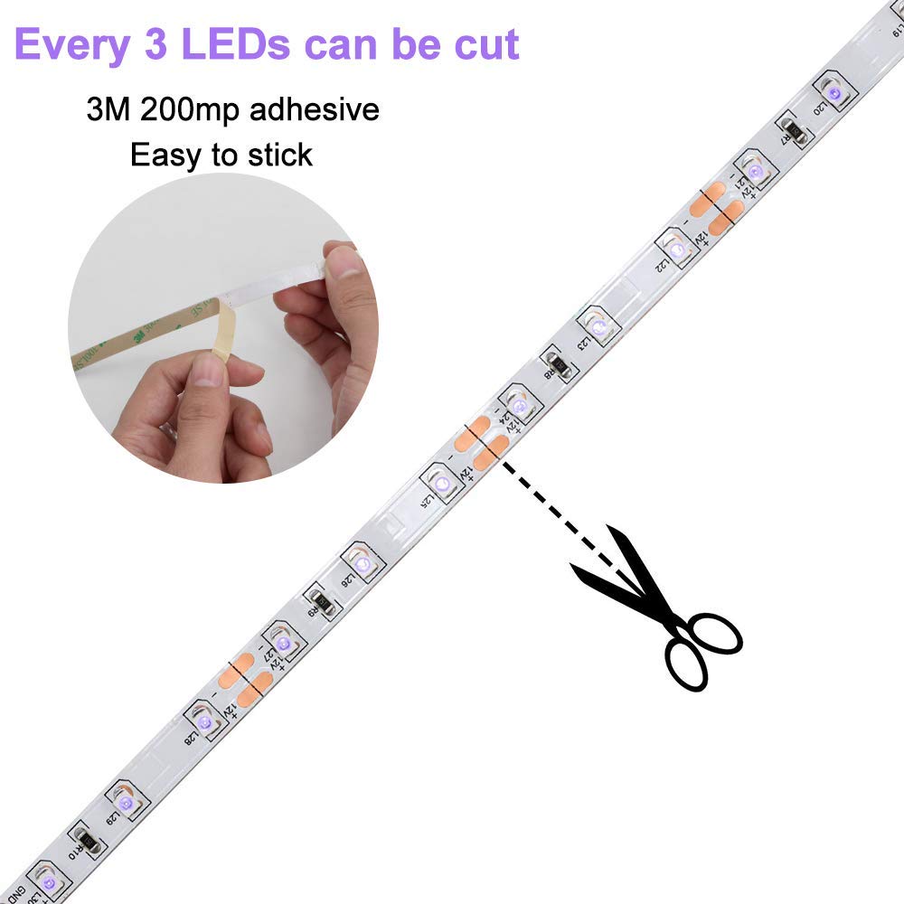 YGS-Tech Super Bright 60 Watts UV Black Light LED Strip, 16.4FT/5M 3528 300LEDs 395nm-405nm Non-Waterproof Blacklight with Power Supply, for Night Fishing, Black Party