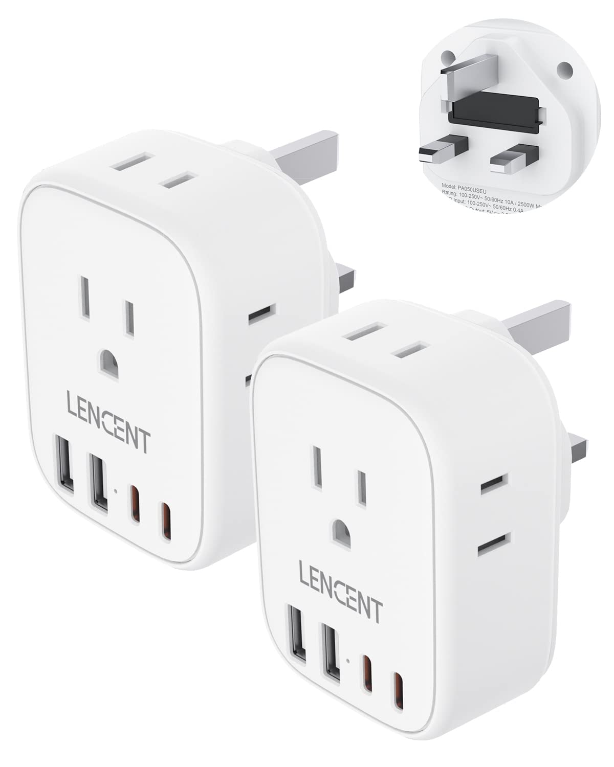 2 Pack Canada to UK Plug Adapter, LENCENT Type G Travel Adapter with 4 USB Charger(2 USB C), 4 Outlets Converter,8 in 1 Ireland Plug Adaptor for US CA to Dubai Scotland British England Hong Kong