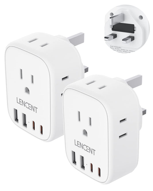 2 Pack Canada to UK Plug Adapter, LENCENT Type G Travel Adapter with 4 USB Charger(2 USB C), 4 Outlets Converter,8 in 1 Ireland Plug Adaptor for US CA to Dubai Scotland British England Hong Kong