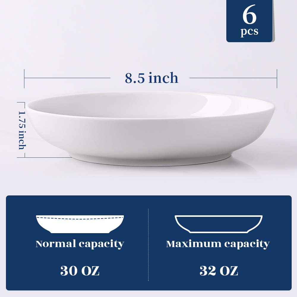 Y YHY Pasta Bowls,Large Salad Serving Bowls,White Soup Bowl Microwave Safe,Sturdy Porcelain,30 Ounces,Set of 6