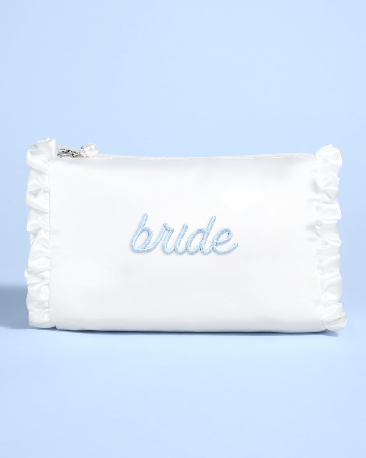 xo, Fetti White Satin Bride Cosmetic Bag | Bachelorette Party Decorations, Bride To Be Purse, Bridal Shower Accessory, GRWM Makeup Bag, White, Ruffle