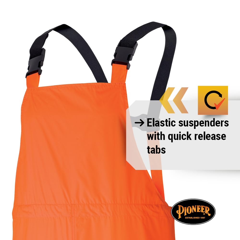 Pioneer Hi Vis Waterproof Lightweight Rainsuit - Work Safety Hooded Jacket and Bib Pants - Adjustable Pant Length - Hi Vis Orange