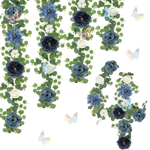HOMENERGY Eucalyptus Garland with Flowers - 4 Pack 5.9 FT Fake Flower Garland with Butterflies Faux Rose Greenery Garlands for Wedding Table Backdrop Arch Centerpieces Decorations - Navy Blue