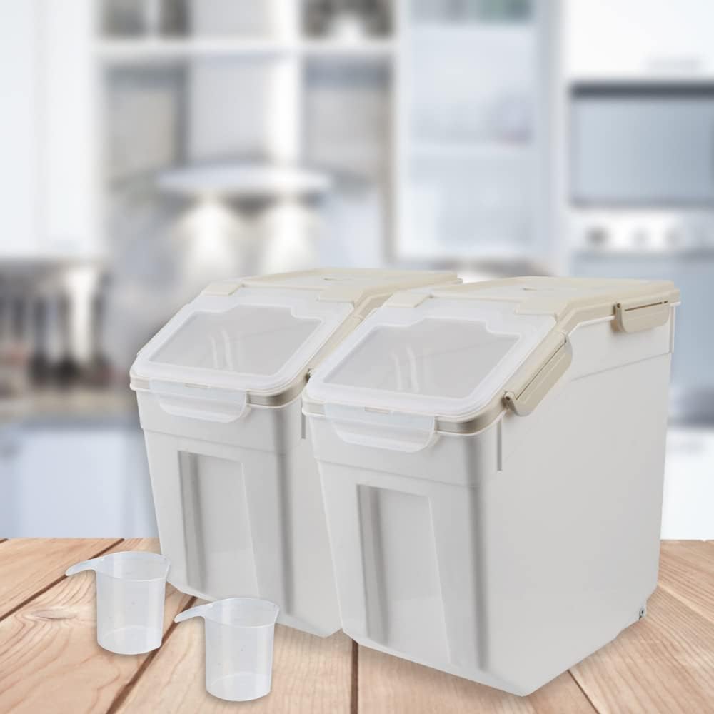Flour Storage Container - 2Pack Rice Container 25 lbs, Flour Bin with Scoop & Wheels, Rice Dispenser for Kitchen Pantry Bulk Sugar, Cereal, Beans, Dog Pet Food Organizer - Gray