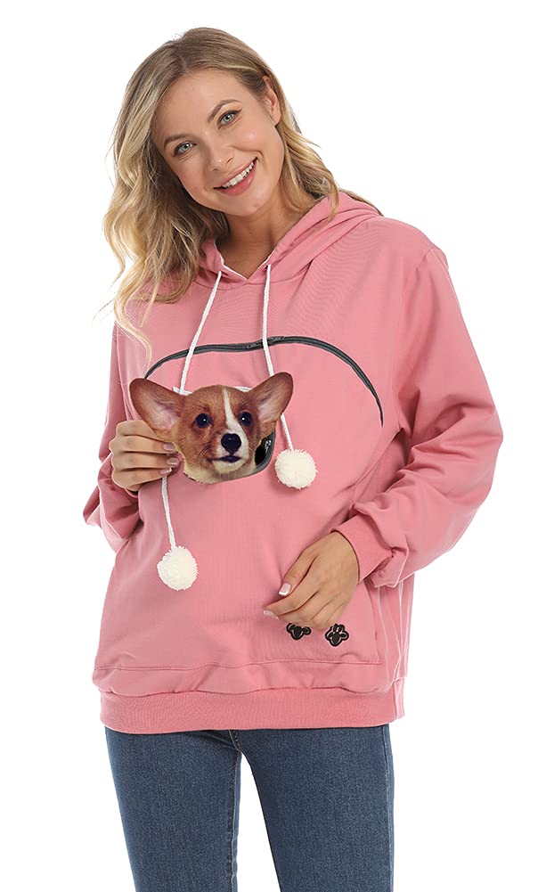 ZIIFULLHOU Women Pet Carrier Sweatshirt Puppy Kitten Holding Hoodies Long Sleeve Pouch Tops, Red, XX-Large-3X-Large