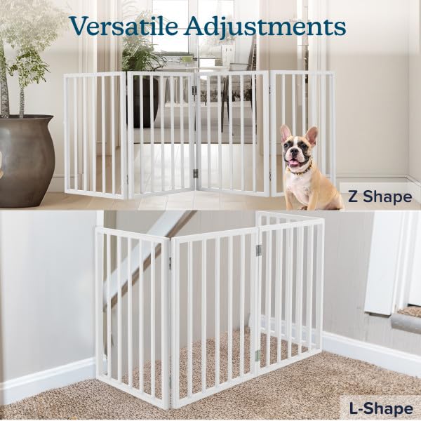 Wooden Pet Gate- Foldable 4-Panel Indoor Barrier Fence, Freestanding & Lightweight Design for Dogs, Puppies, Pets- 72 x24” (White Paint)