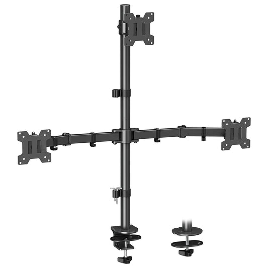 MOUNT PRO Triple Monitor Stand, Fits 3 Screens Up to 32 Inch, Fully Adjustable Stacked Monitor Desk Mount, VESA Compatible, C Clamp/Grommet Base
