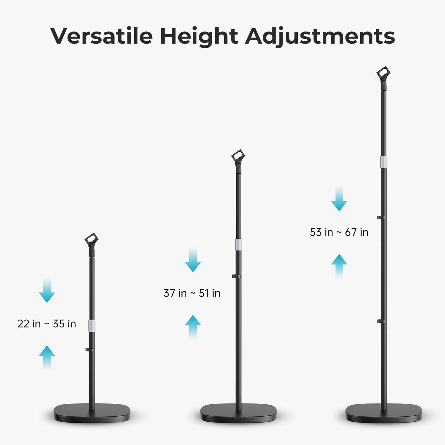 POLESTO Microphone Stand, Universal Detachable Mic Floor Stand with Compact Weighted Base, Height Adjustable From 22’’ to 67’’, 2 Universal Mic Clips for Blue Yeti/Shure SM7B/Samson Q2U and More