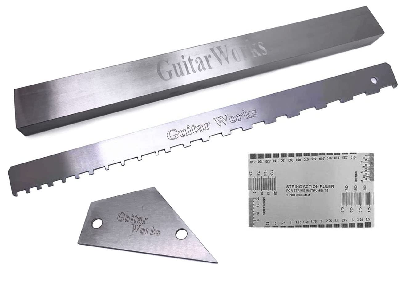 TUOREN 4 Pieces Guitar Luthier Tools Set Unilateral Notched Guitar Neck Straight Edge String Action Gauge Ruler Fret Rocker Fret Leveling Beam Set Up Tool for Guitar Fretboard and Frets