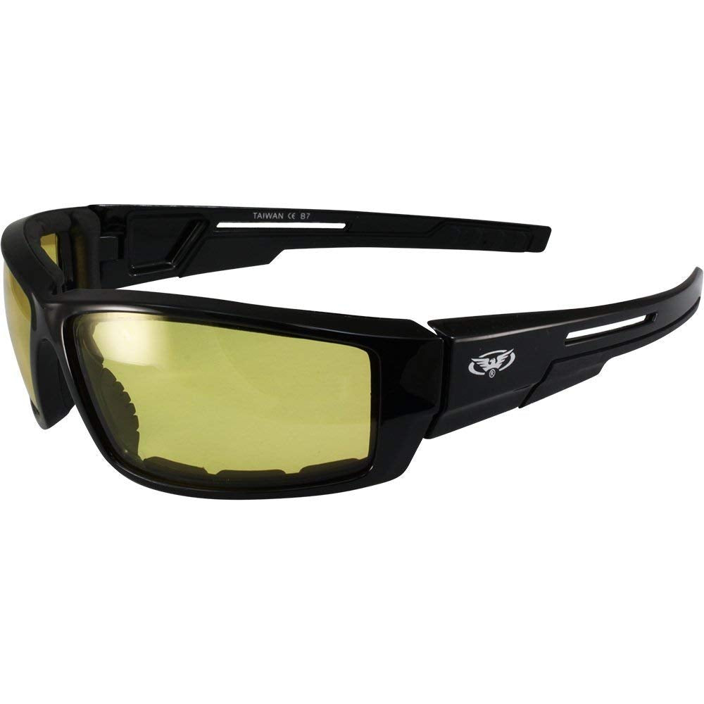Global Vision 2 Pair of Sly Padded Motorcycle Sunglasses Gloss Black Frames with Smoke and Yellow Lenses