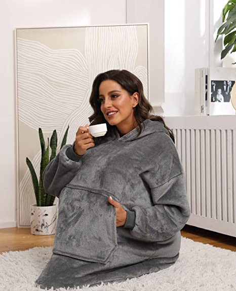Lostrain Blanket Hoodie, Oversized Sherpa Wearable Super Soft Warm Cozy with Giant Hoody Plush Fleece Big Pocket Fit for Adults Men Women Teens One Size Indoor Outdoor-Grey