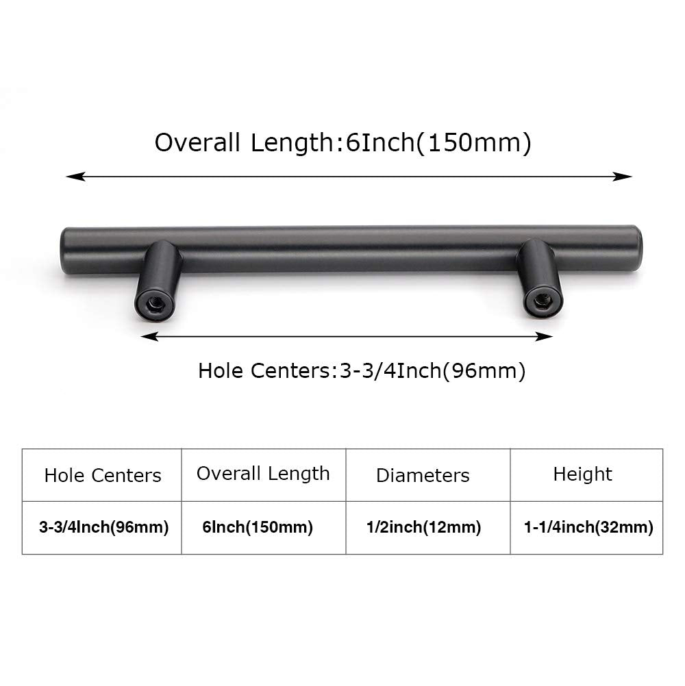 homdiy 25 Pack Black Cabinet Handles 3-3/4in(96mm) Hole Centers Drawer Pulls Black Kitchen Cabinet Handles T Bar Stainless Steel