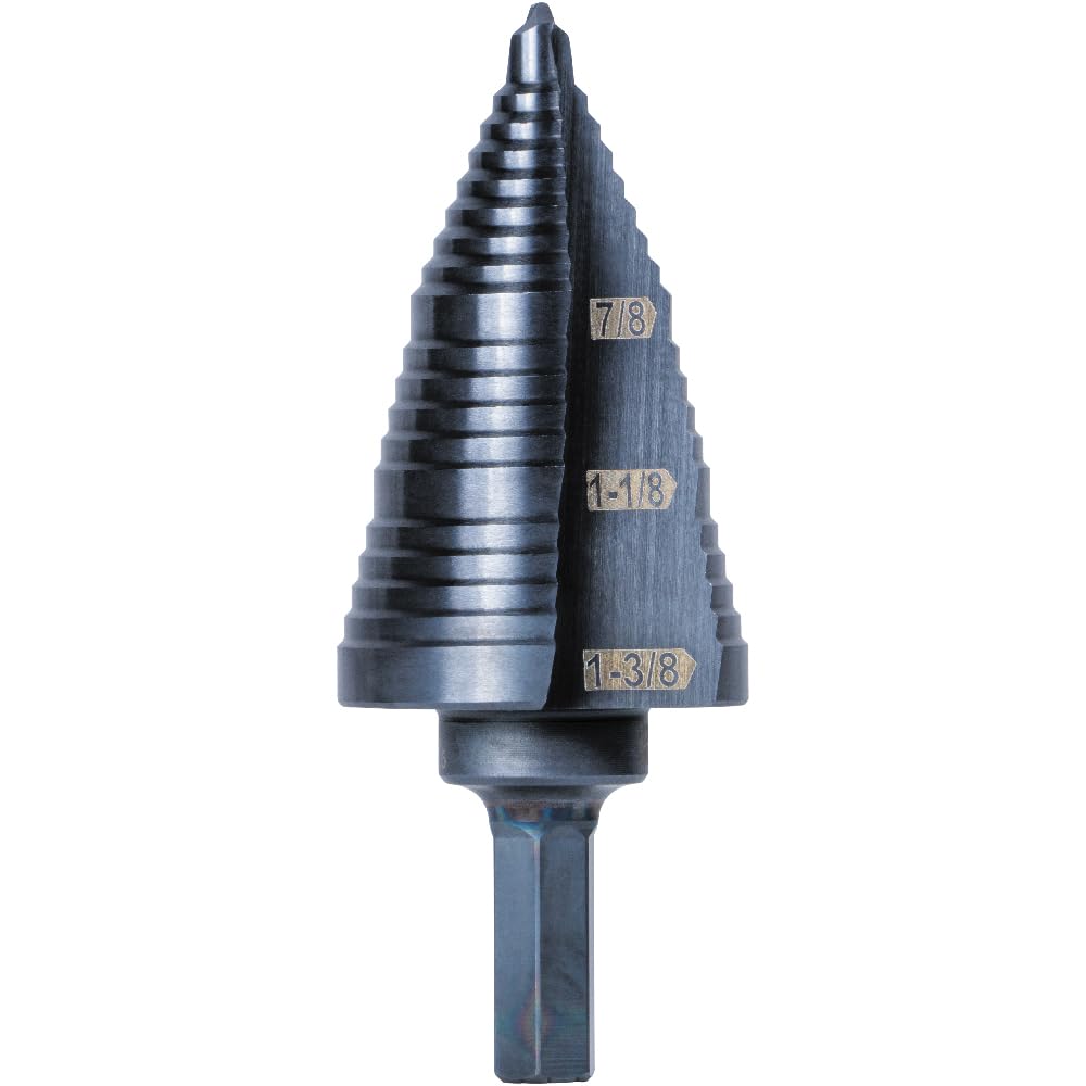 Klein Tools KTSB15 Step Drill Bit #15 Double Fluted 7/8 to 1-3/8-Inch with Easy-to-Read Step Markings and Targets, 3/8-Inch Hex Shank