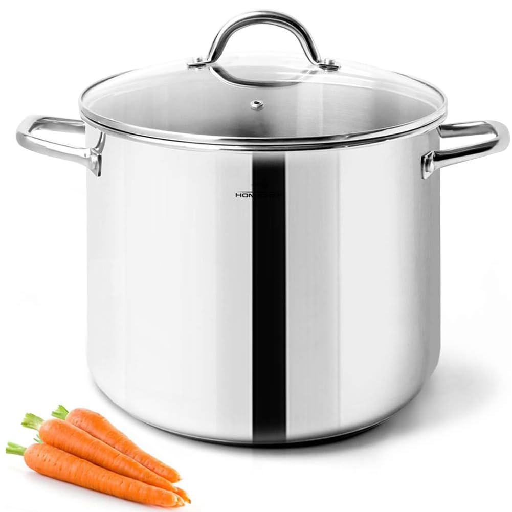 HOMICHEF 10 Quart Stock Pot With Glass Lid - Nickel Free Stainless Steel 10 Qt Pots With Handle - Mirror Polished StockPot 10 Quart - Induction Cooking Pots With Lid - Healthy Soup Pot