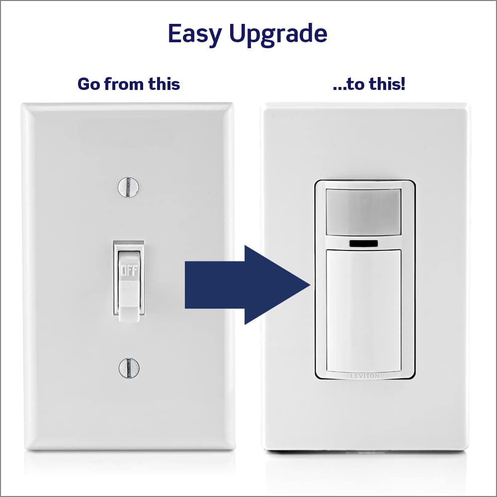 Leviton Motion Sensor Light Switch, Motion Activated, Auto-On/Auto-Off or Manual-On, 5 Amp, No Neutral Wire Required, Single Pole or 3-Way, DOS05-1LZ, White/Ivory/Light Almond
