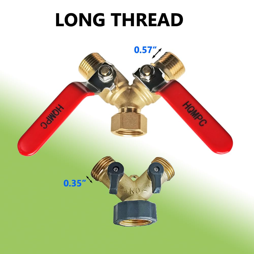 HQMPC Garden Hose Y Valve Splitter Brass Hose Splitter with Stainless Steel Long Handle Brass Garden Hose Adapter 2 Way Y Valve 3/4" GHT Thread 2pcs