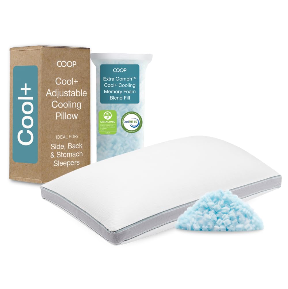 Coop Home Goods Eden Cool+ Adjustable Pillow, Queen Size Plus Shaped Memory Foam Pillows with Cooling Gel, Back, Stomach or Side Sleeper, Neck Support for Sleeping, CertiPUR-US/GREENGUARD Gold