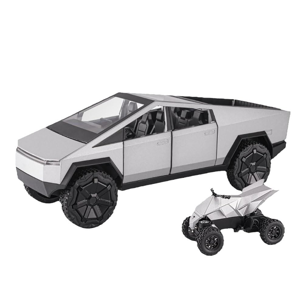 1:24 Cyberpunk Pickup Truck Model Alloy Simulation Sound and Light Pull Back Off-Road Vehicle Boys Collection Decoration Birthday Gift (Silver)