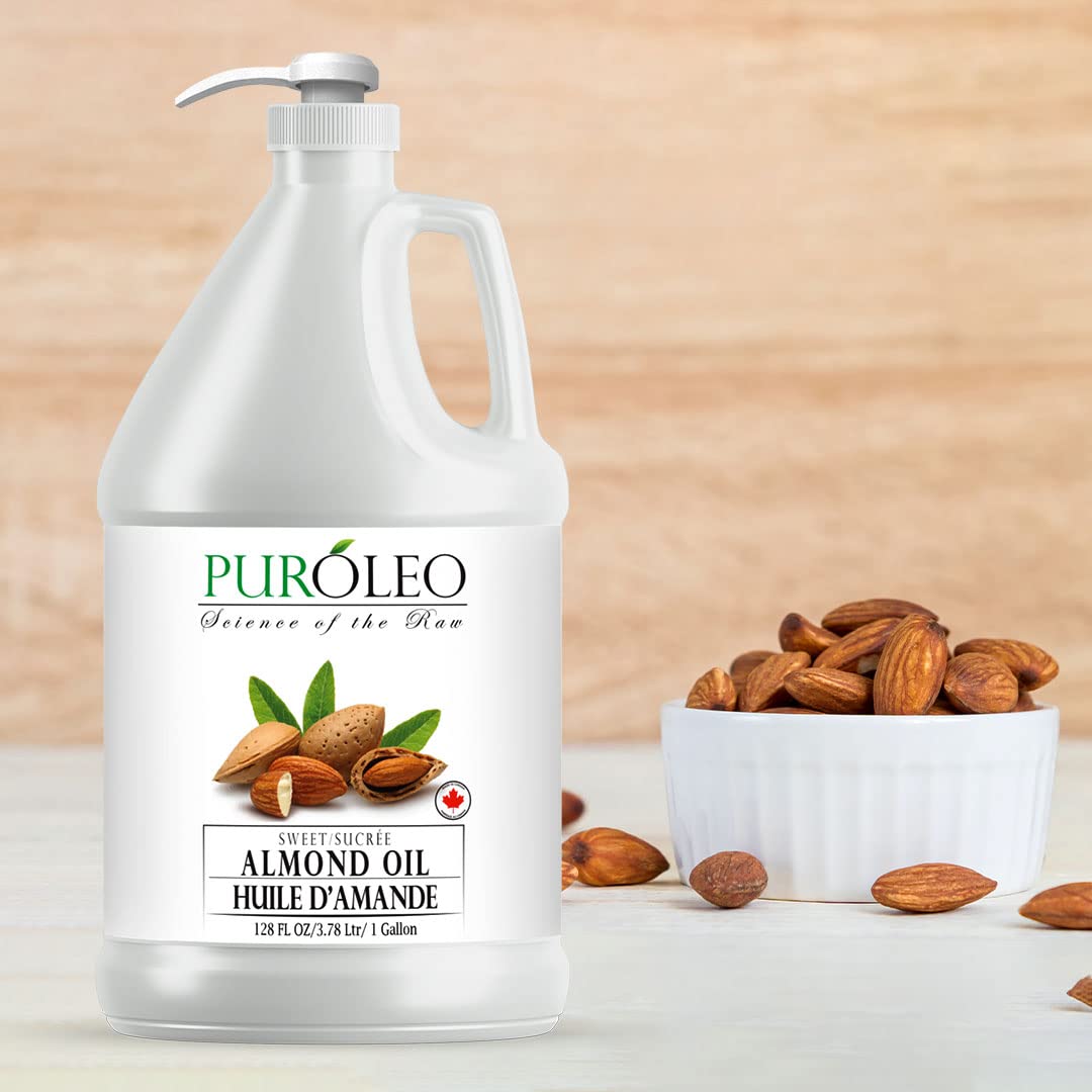 PUROLEO Sweet Almond Oil 128 Fl Oz/3784 ML (Packed In Canada) Pure Almond Oil for Skin, Hair, & Body | Organic Carrier Oil & Body Oils For Women | Almond Butter Hair Oil, Body Oil, Baby Oil, Massage Oil huiles essentielles Amande Douce Huile Massage