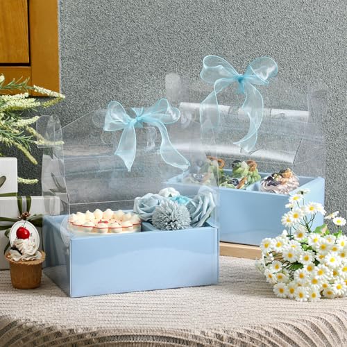 Honeydak 10 Kit 4 Inch Cake and Flower Clear Boxes, Portable Clear Gift Box for Cake and Flower Pack Together, Transparent Gift Packaging with Ribbon, Suitable Wedding Holiday Party Favors(Blue)