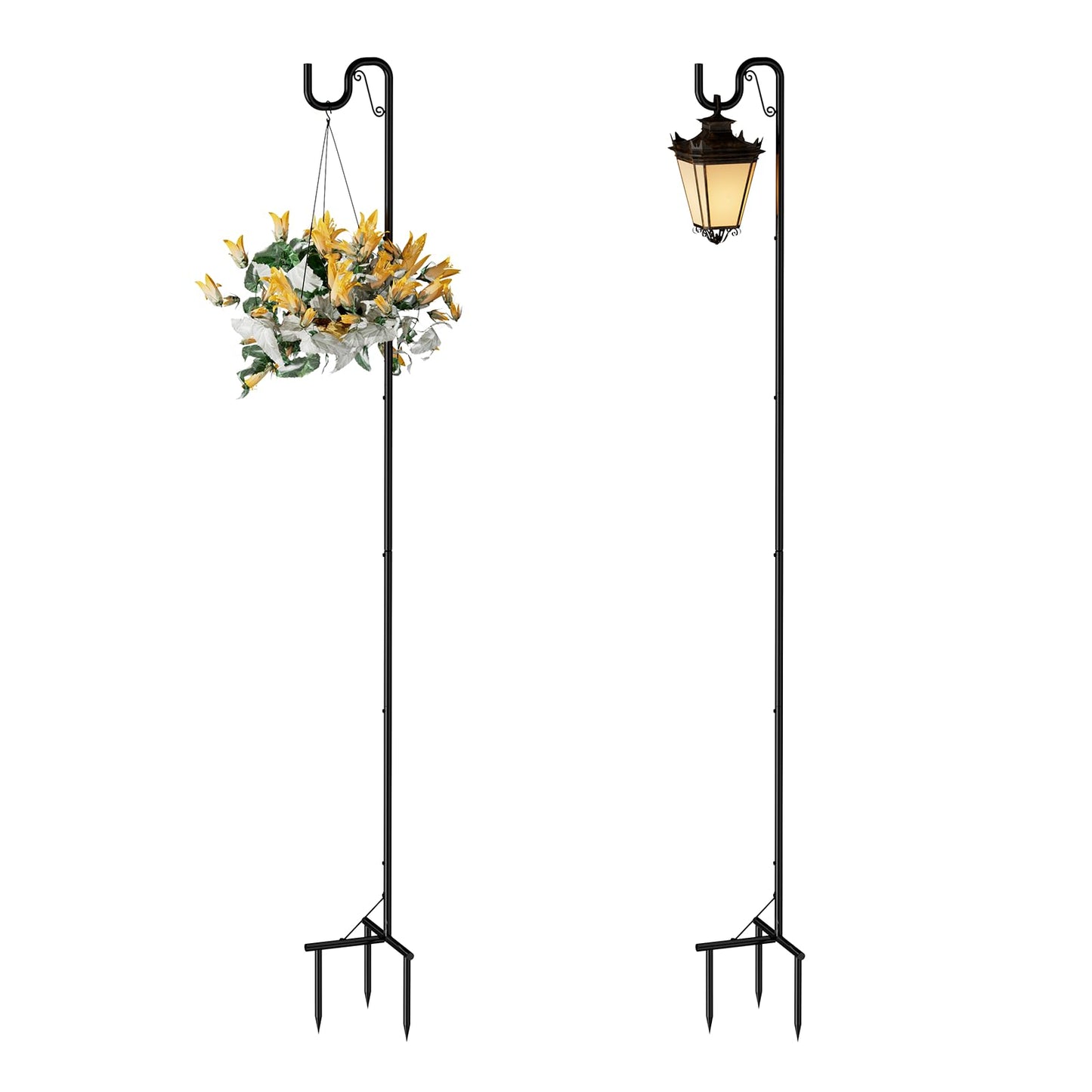 Shepards Hooks for Outdoor 2 Pack Bird Feeder Pole 92 Inch Tall Adjustable Heavy Duty Garden Plant Hangers with 3 Base Prongs for Hanging Plant Baskets, Solar Lights, Wedding Decor, Lanterns, Black