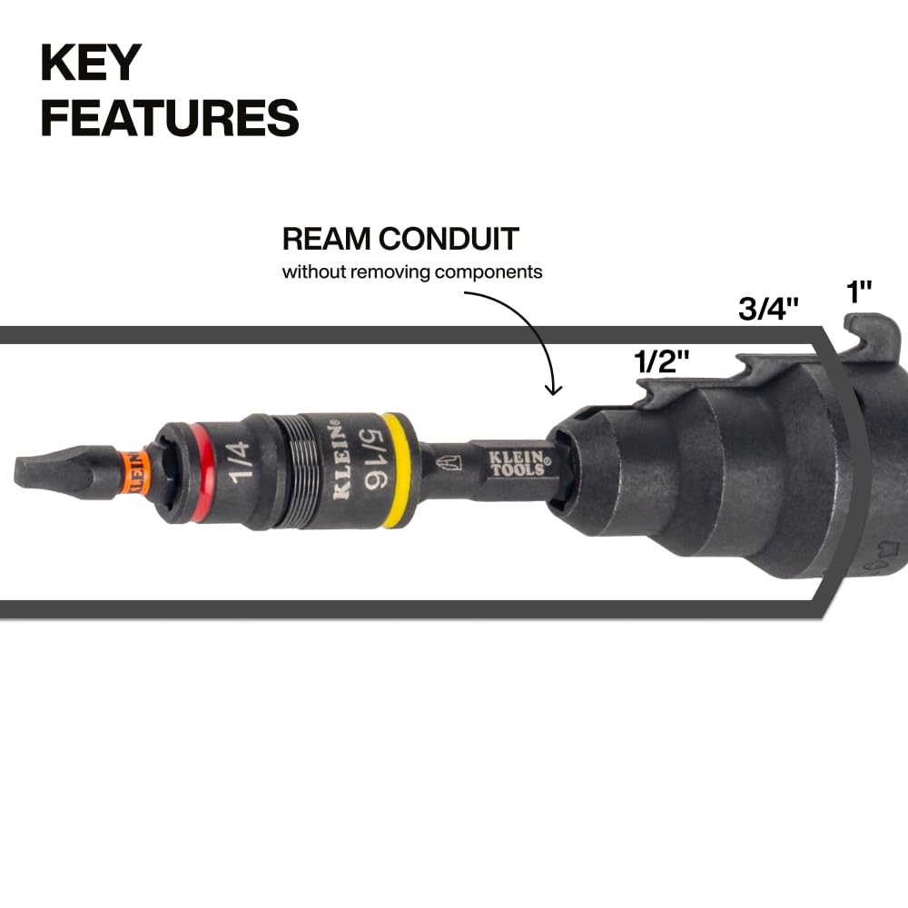 Klein Tools 85091HD Flip Socket Conduit Reamer, 3-in-1 Impact-Rated Tool for 1/2-Inch, 3/4-Inch, 1-Inch Conduit, Magnetic Bit Holder