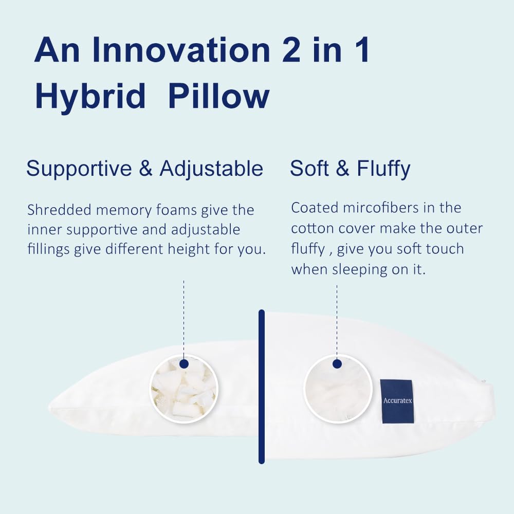ACCURATEX Hybrid Pillow for Sleeping, Adjustable Shredded Memory Foam Pillow Core with Fluffy Down Alternative Fill Removable Cotton Cover,for Side,Back,Stomach Sleepers,Queen Size