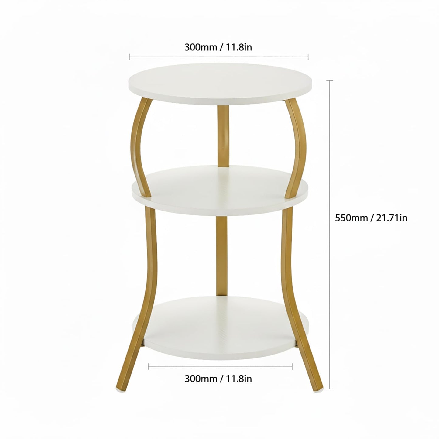 Vintage Round End Table, 3-Tier Slim Waist End Table with Storage Shelf, Small Round Table,Sofa Side Table,Small Round Vintage Table (Classic, White+Gold)