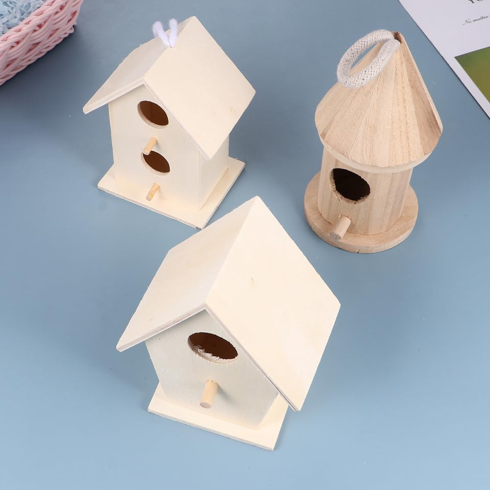 CIMAXIC 5Pcs Wooden Bird Nest Ornaments DIY Unfinished Birdhouses for Painting and Decoration Natural Wooden Craft for Small Birds Outdoor Garden Decor