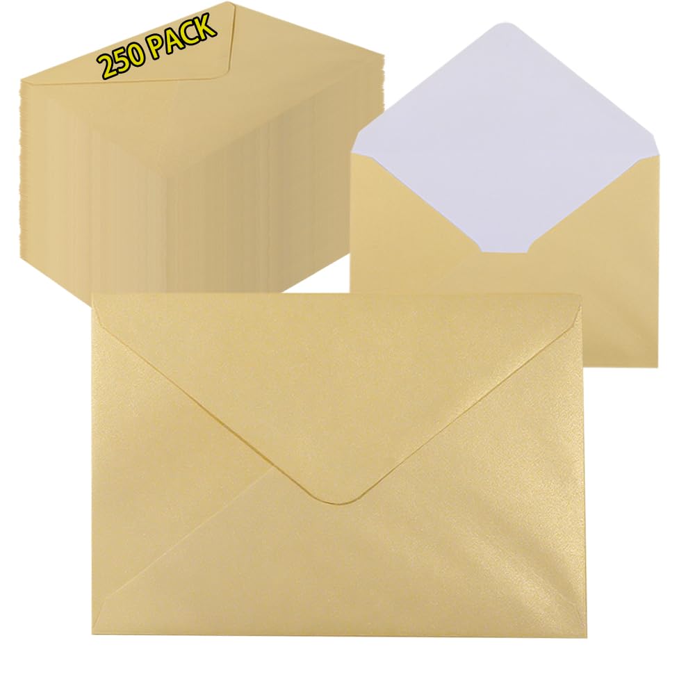 UoeRing Bulk 5x7 Self-Sealing Beige Envelopes 250 Pack - A7 (5.31×7.67in) Premium 120g Pearl Glitter Paper - Printable & Writable for Wedding Invitations,Greeting Cards - Includes Gold Stickers