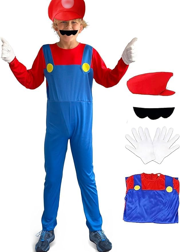 Boys Halloween Costumes,Super Brothers Costumes,With Gloves, Hat, Moustache,Fancy Dress Role Play Costumes (L)