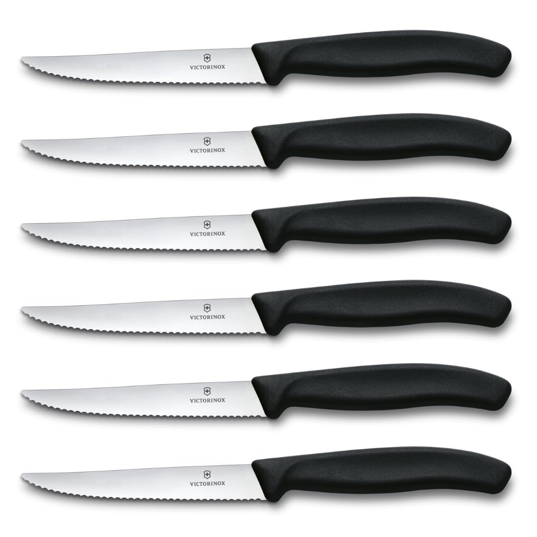 Victorinox Swiss Classic Steak Knife Set Ideal for Slicing a Wide Variety of Steak Cuts Serrated Blade in Black, Set of 6