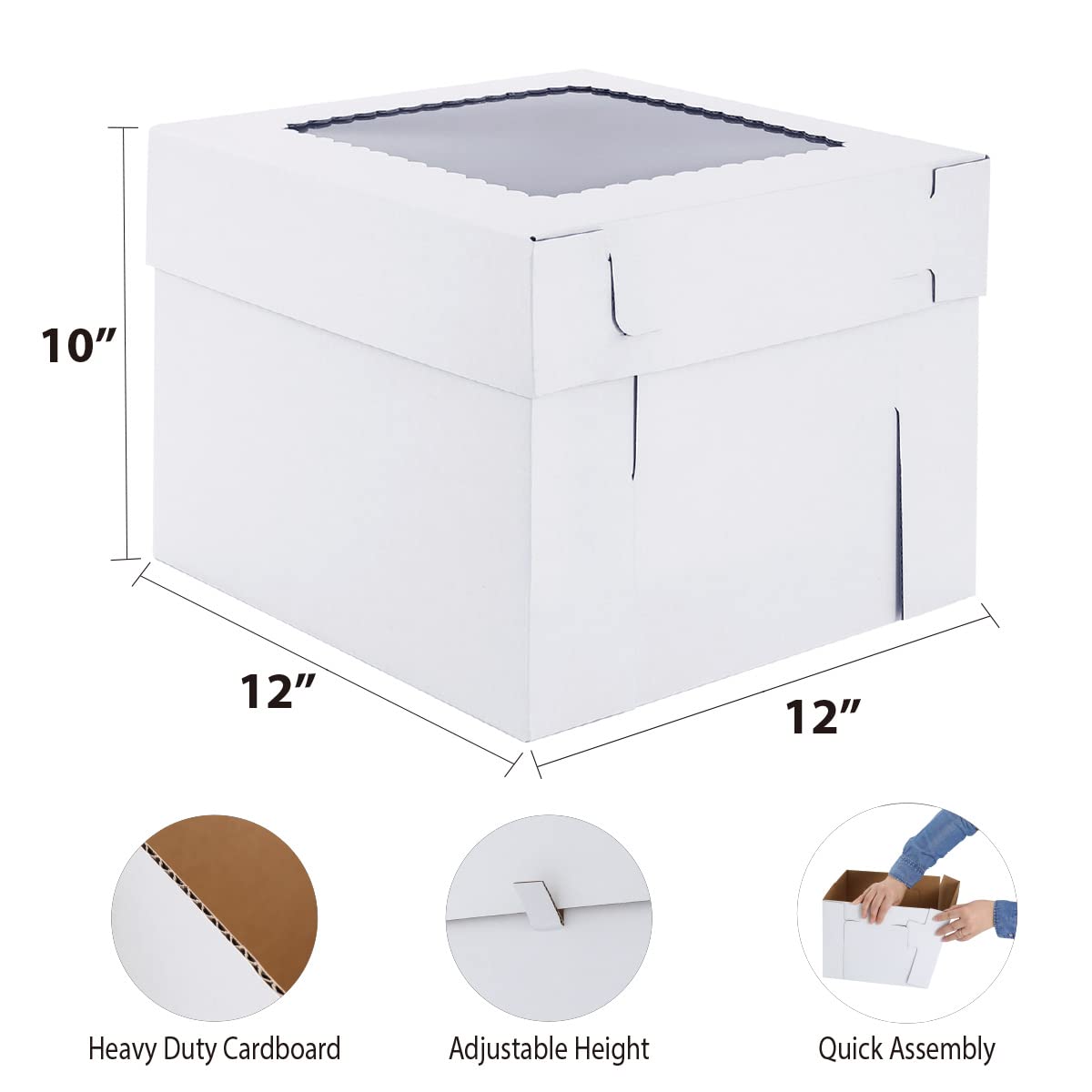 Huoshange Tall Cake Boxes for Tier Cakes,12x12x10 Inch [10Pack ] Sturdy Cake Box with Window,White Cake Boxes, Disposable Cake Containers,Birthday Cake Boxes
