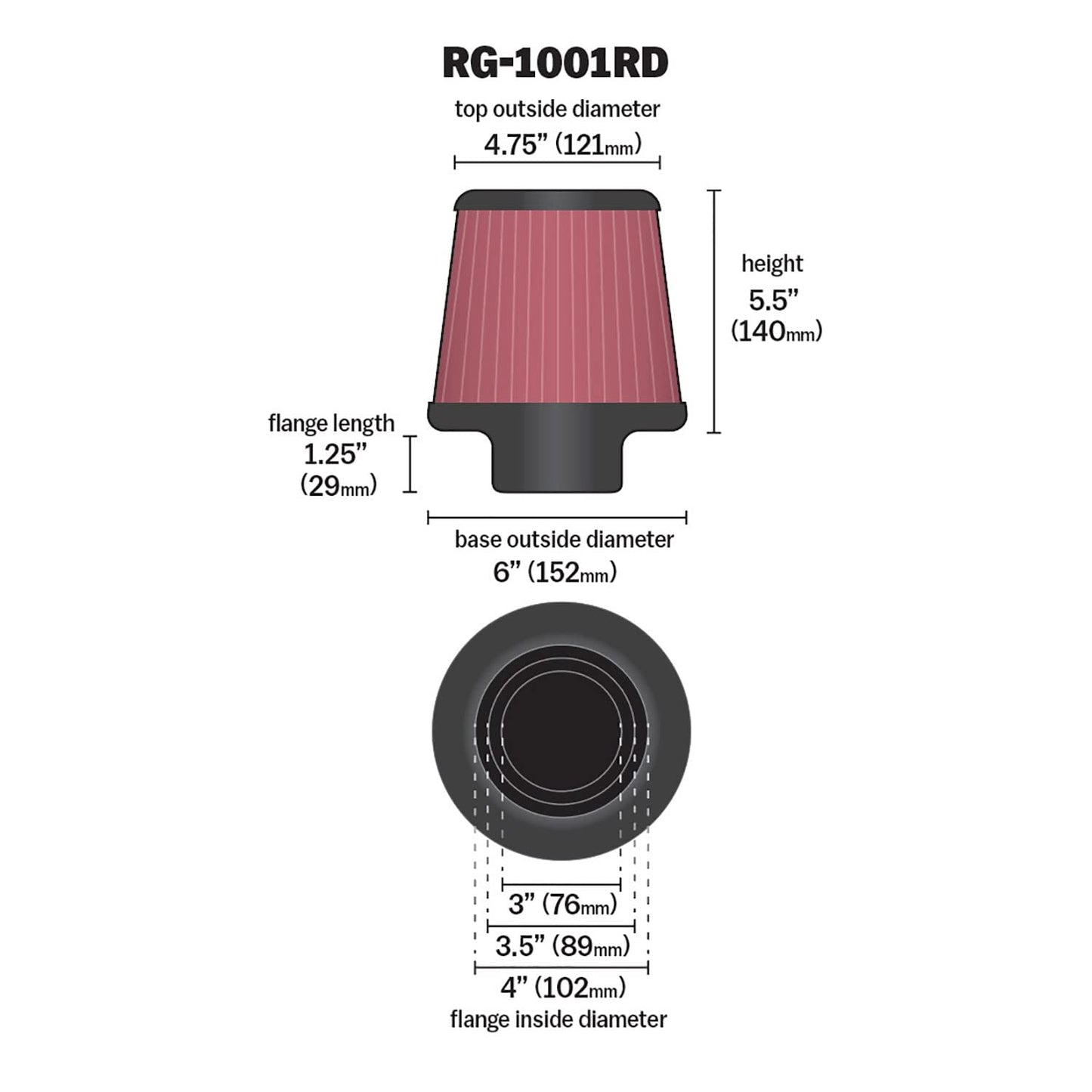 K&N RG-1001RD Universal Clamp-On Air Filter: Round Tapered, 102 mm/89 mm/76 mm Flange ID, 127 mm Height