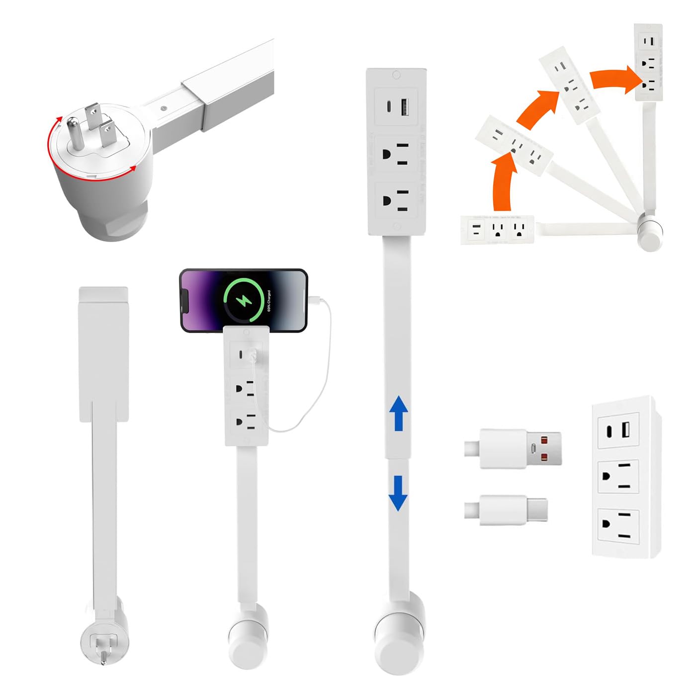 Electrical Outlet Extender with USB-A&USB-C&2 AC,180° Rotating Power Socket Expander 17''-27'', Extendable Outlet for Hard to Reach Places for Sofa Desk Behind Bedside Tables
