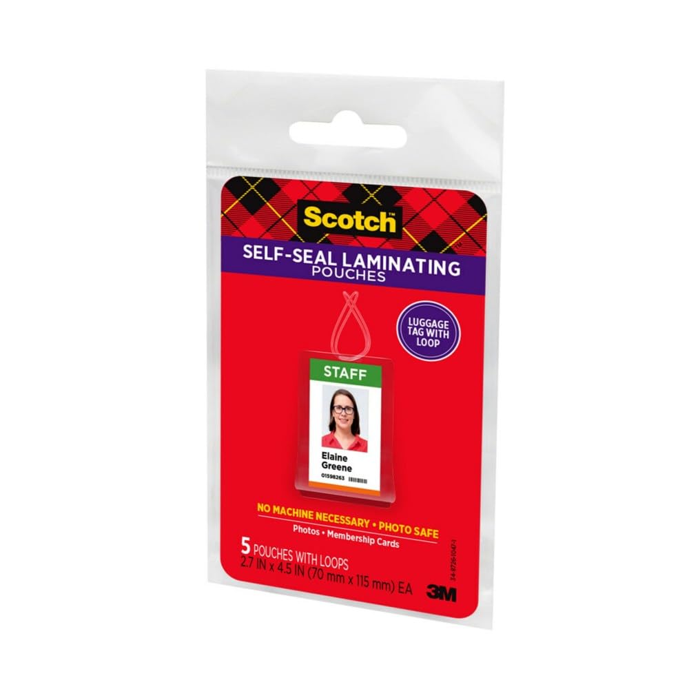 Scotch Self-Sealing Laminating Pouches, Bag Tags with Loops, Glossy, 5 Pouches, 6 Pack (LS853-5G)
