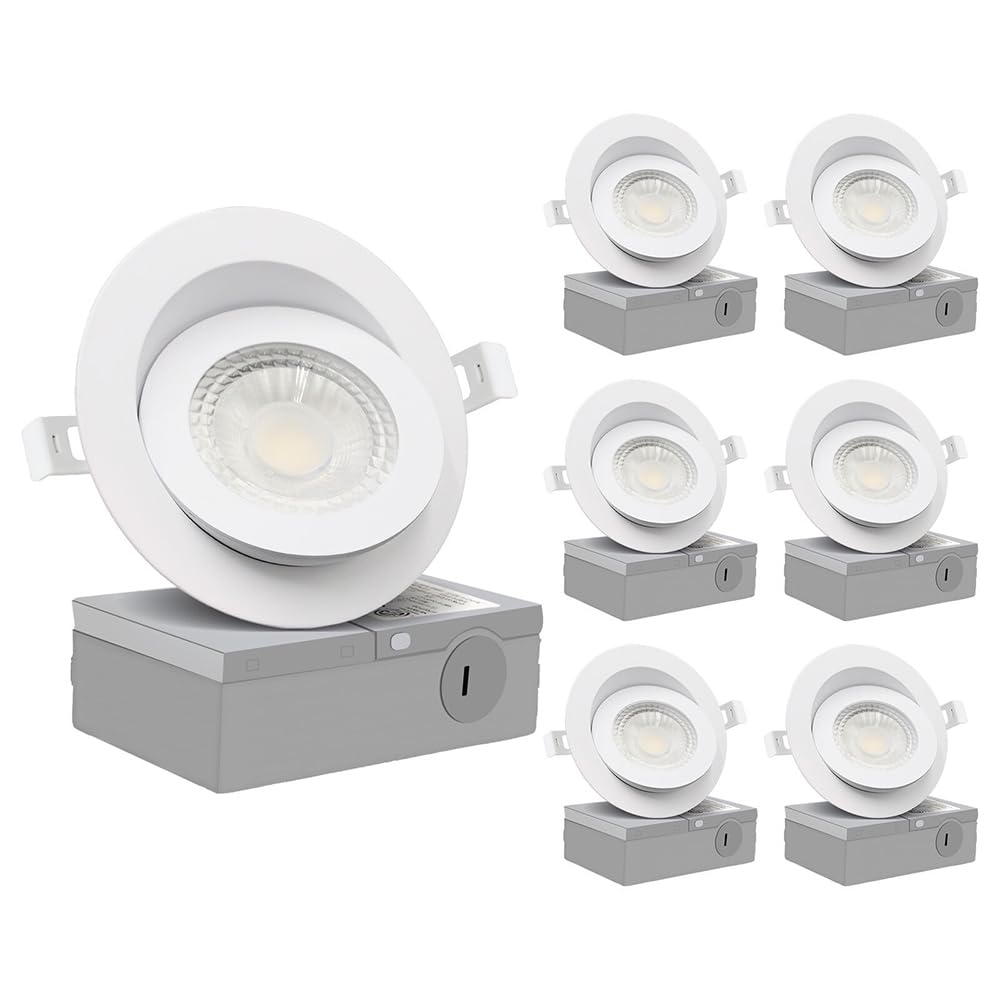 GCN LIGHT Gimbal 3000K 4000K 5000K Adjustable 9W 4 Inch 900LM Dimmable LED Recessed Pot Light, ETL Energy Star Listed IC Rated LED Slim Panel/Downlight with Junction Box, 6 Pack