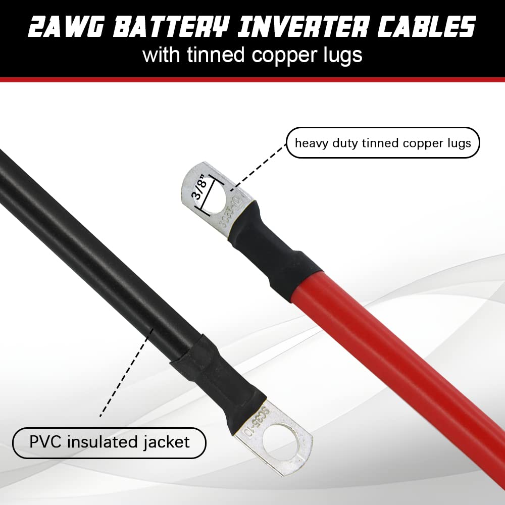 A ABIGAIL 2 AWG Battery Cable 2AWG Gauge Pure Copper Battery Cables with 3/8 in Lugs Both Ends Power Wire Set for Automotive Solar Marine Boat RV Car Motorcycle Red and Black (2FT)