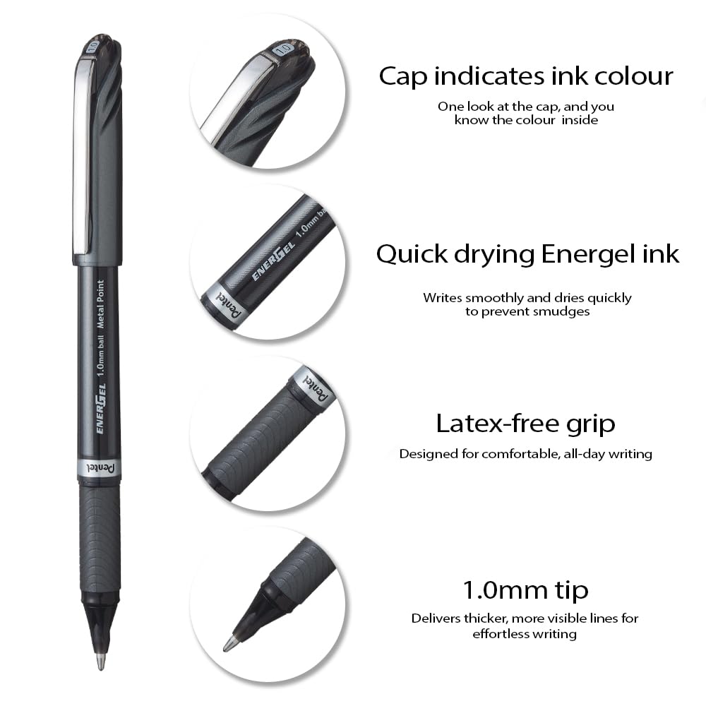 Pentel EnerGel NV Liquid Gel Pen, (1.0mm) Medium Line Capped, Metal Tip, Black Ink, Box of 12 (BL30-A)