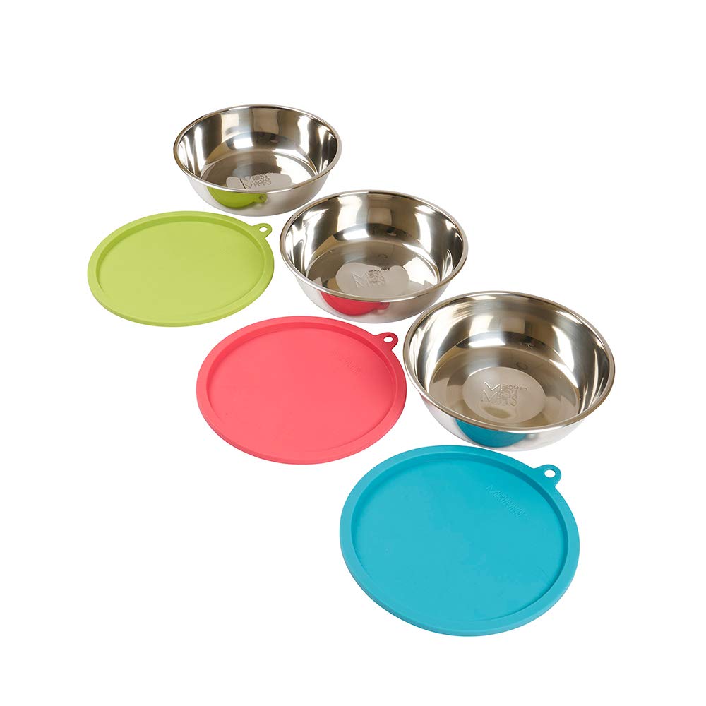 Messy Mutts 6-Piece Set | Three Stainless Steel Bowls and Three Colorful Silicone Lids | Sealable Travel Containers | Portable Food/Water Dishes for Pets | Extra Large, 6 Cups